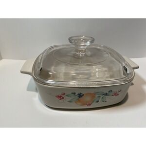 Corning Ware Casserole Dish Square Fruit Design Pyrex Glass Lid A1B11 USA